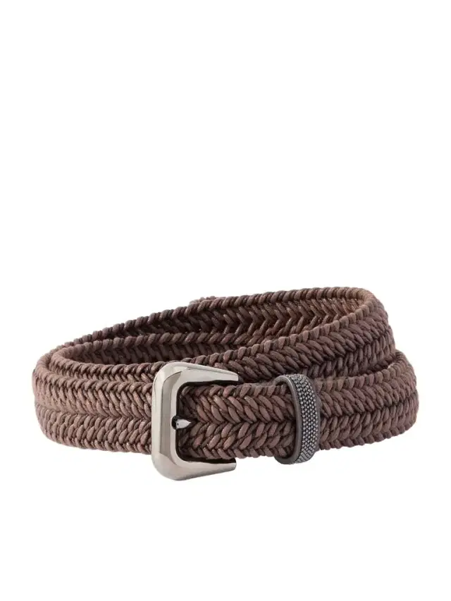 Bead-embellished Leather-trimmed Woven Belt