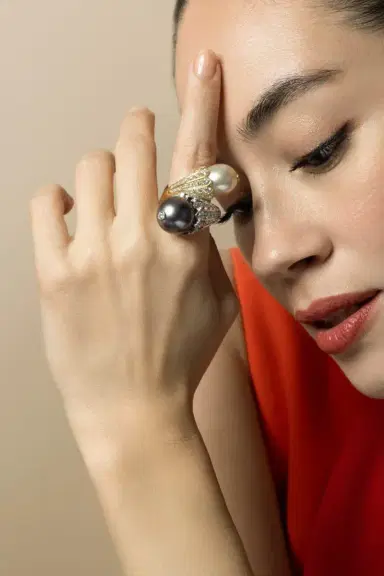 DAVID WEBB Diamond Pearl Flower Bud Crossover Ring | Thumbnail 2