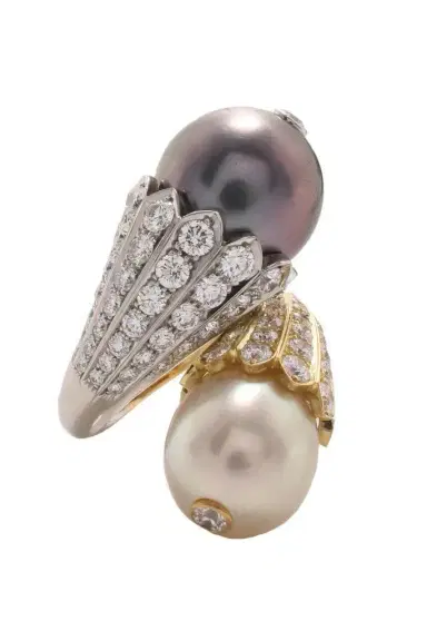 DAVID WEBB Diamond Pearl Flower Bud Crossover Ring | Thumbnail 1