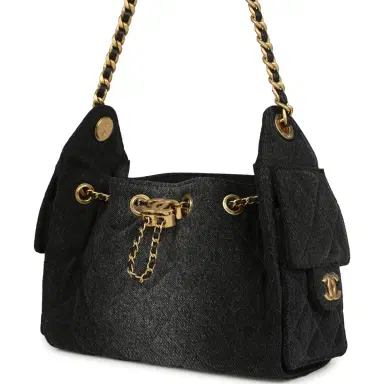 Chanel Chanel Mini 25 Hobo Bag Black Washed Denim Antique Gold Hardware | Thumbnail 5
