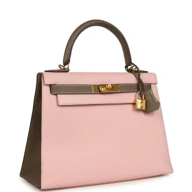 HERMÈS Pre-owned Hermes Special Order (HSS) Kelly Sellier 28 Rose Sakura and Etoupe Chevre Gold Hardware | Thumbnail 2