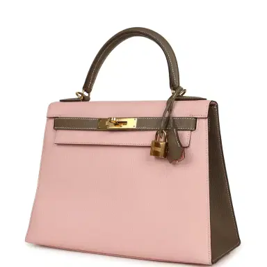 HERMÈS Pre-owned Hermes Special Order (HSS) Kelly Sellier 28 Rose Sakura and Etoupe Chevre Gold Hardware | Thumbnail 5