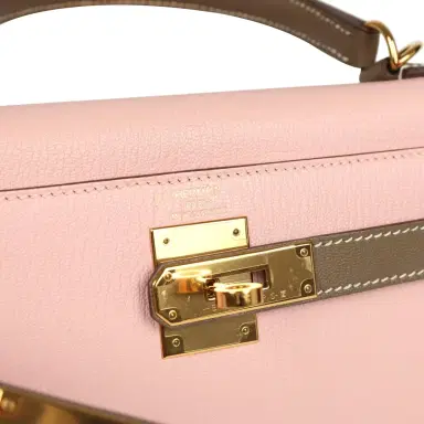 HERMÈS Pre-owned Hermes Special Order (HSS) Kelly Sellier 28 Rose Sakura and Etoupe Chevre Gold Hardware | Thumbnail 7