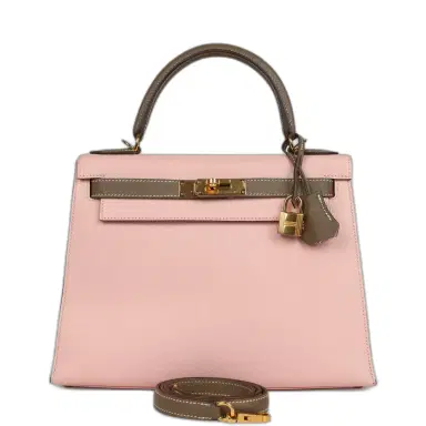 HERMÈS Pre-owned Hermes Special Order (HSS) Kelly Sellier 28 Rose Sakura and Etoupe Chevre Gold Hardware | Thumbnail 1