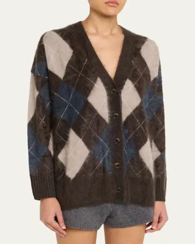 Lisa Yang Elaria Argyle Fuzzy Cashmere V-Neck Cardigan | Thumbnail 4