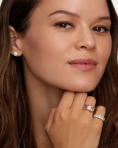 Jamie Wolf 18K Yellow Gold Emerald and Cushion Cut Pink Tourmaline Ring with Double Band | Thumbnail 2 Jamie Wolf 18K Yellow Gold Emerald and Cushion Cut Pink Tourmaline Ring with Double Band | Thumbnail 2