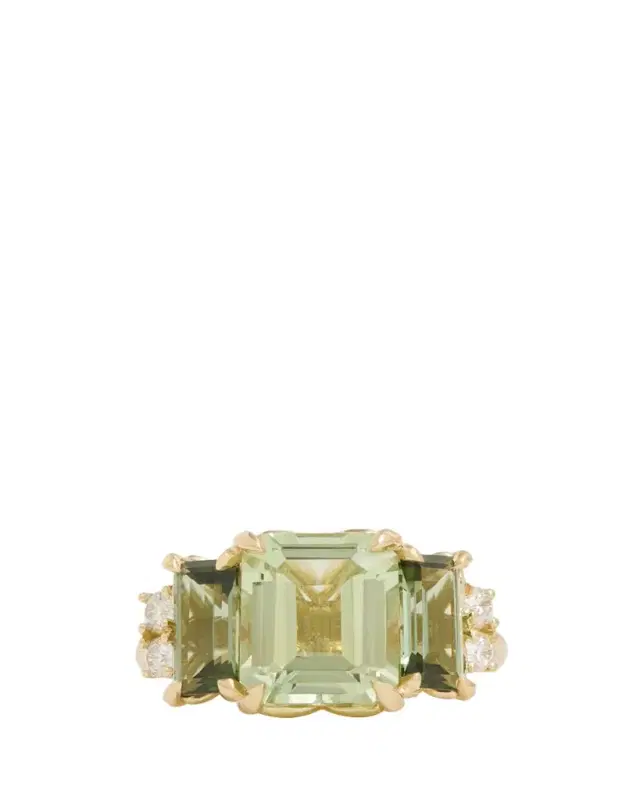 18K Yellow Gold Emerald Cut Ring with Green Tourmaline and Diamonds