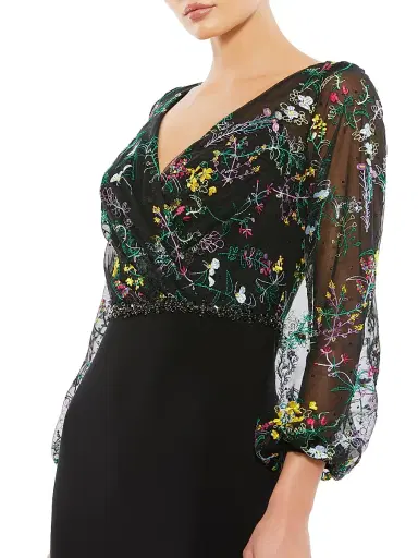 Mac Duggal Women's Embroidered Puff-Sleeve Gown - Black Multi - Size 20 | Thumbnail 3