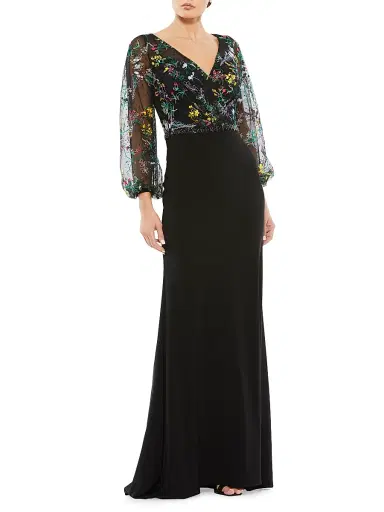 Mac Duggal Women's Embroidered Puff-Sleeve Gown - Black Multi - Size 20 | Thumbnail 1