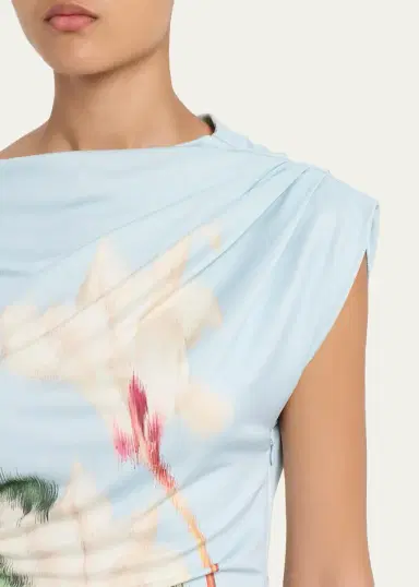 Oscar de la Renta Chinese Cyclamen-Print Draped Jersey Maxi Dress | Thumbnail 5 Oscar de la Renta Chinese Cyclamen-Print Draped Jersey Maxi Dress | Thumbnail 5