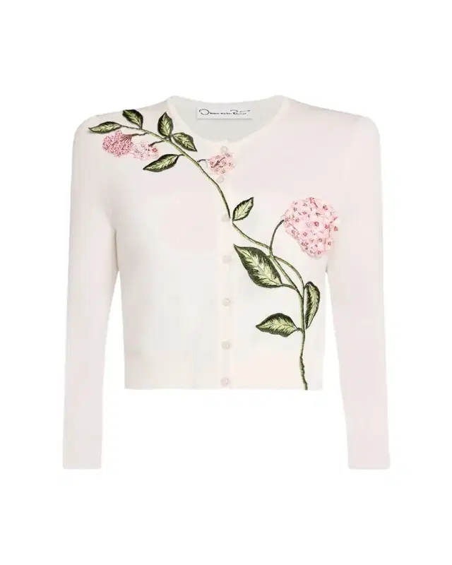Porcelain Flower Embroidered Crop Crewneck Cardigan