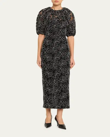 Lela Rose Floral Lace Puff-Sleeve Midi Sheath Dress | Thumbnail 2