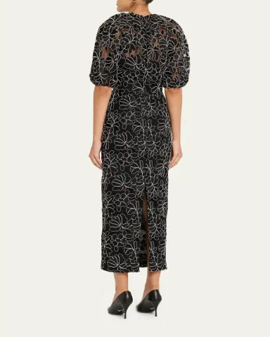 Lela Rose Floral Lace Puff-Sleeve Midi Sheath Dress | Thumbnail 3