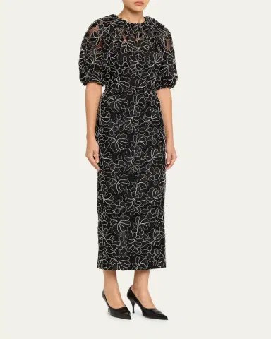 Lela Rose Floral Lace Puff-Sleeve Midi Sheath Dress | Thumbnail 4