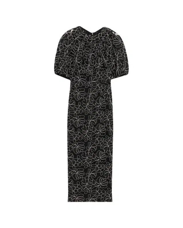 Lela Rose Floral Lace Puff-Sleeve Midi Sheath Dress