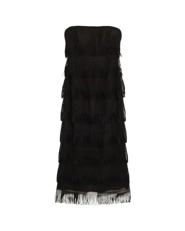 Lela Rose Strapless Tiered Macrame Lame Gown