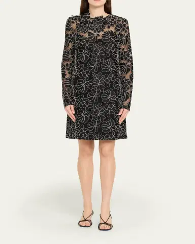 Lela Rose Holly Floral Lace Long-Sleeve Mini Dress | Thumbnail 2 Lela Rose Holly Floral Lace Long-Sleeve Mini Dress | Thumbnail 2
