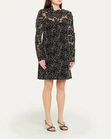 Lela Rose Holly Floral Lace Long-Sleeve Mini Dress | Thumbnail 4 Lela Rose Holly Floral Lace Long-Sleeve Mini Dress | Thumbnail 4