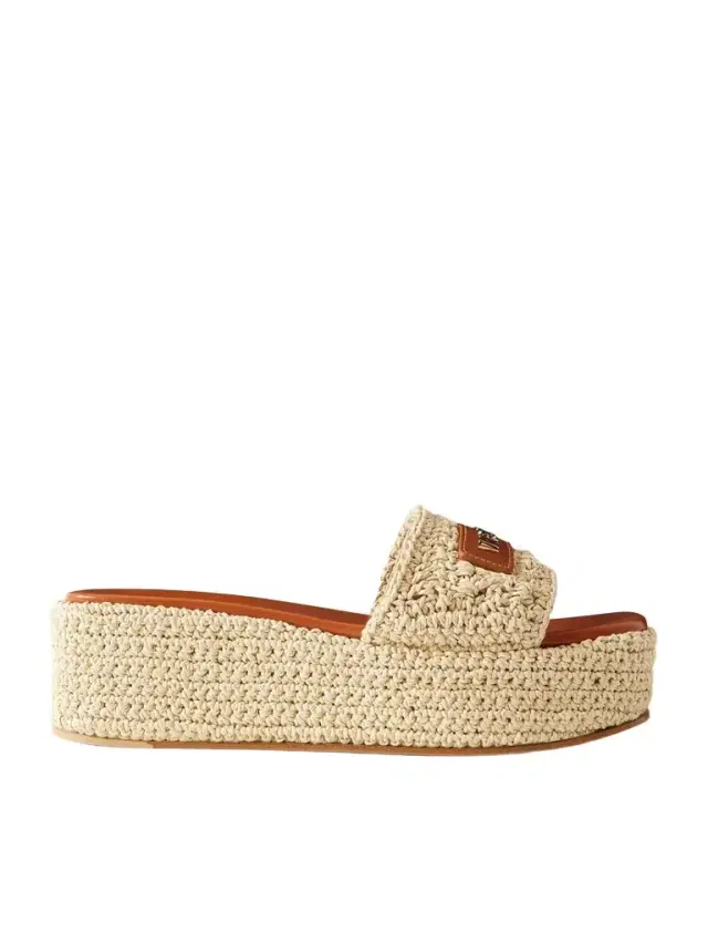 Logo-embellished Raffia Platform Slides