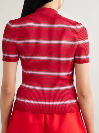 Staud Ren Striped Ribbed-knit Polo Shirt | Thumbnail 3