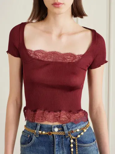 Saint Laurent Cropped Leavers Lace-trimmed Ribbed Silk-jersey Top | Thumbnail 3 Saint Laurent Cropped Leavers Lace-trimmed Ribbed Silk-jersey Top | Thumbnail 3