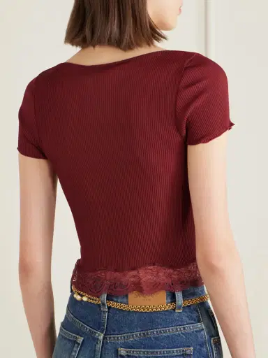 Saint Laurent Cropped Leavers Lace-trimmed Ribbed Silk-jersey Top | Thumbnail 4 Saint Laurent Cropped Leavers Lace-trimmed Ribbed Silk-jersey Top | Thumbnail 4