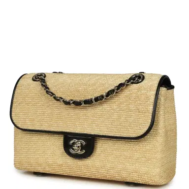 Chanel Chanel Large Flap Bag Beige Raffia and Black Lambskin Light Gold Hardware | Thumbnail 3 Chanel Chanel Large Flap Bag Beige Raffia and Black Lambskin Light Gold Hardware | Thumbnail 3