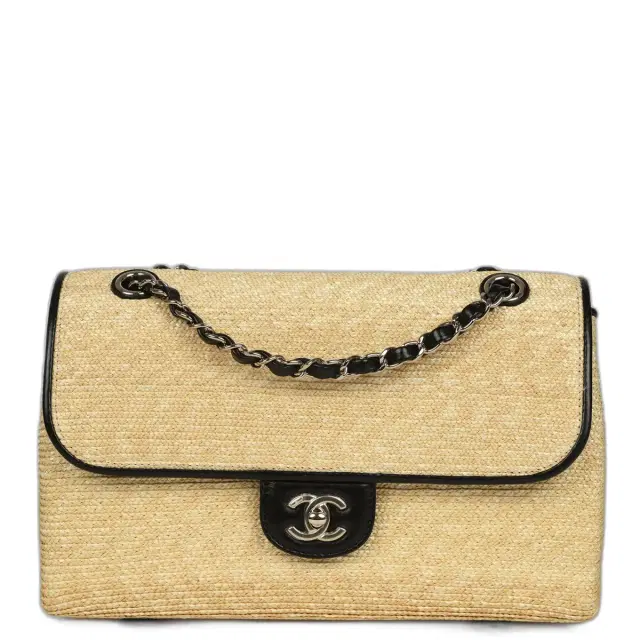 Chanel Large Flap Bag Beige Raffia and Black Lambskin Light Gold Hardware