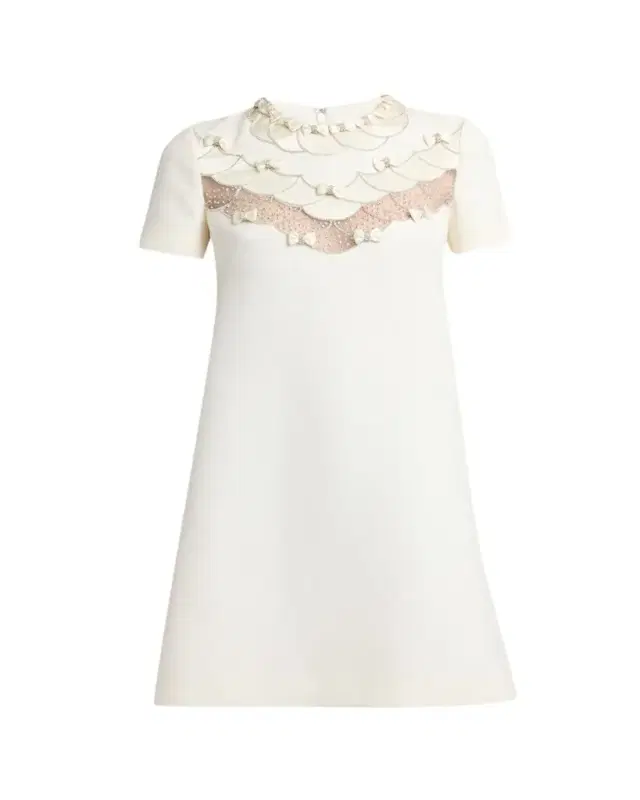 Crystal Embroidered Scalloped-Inset Short-Sleeve Mini Dress