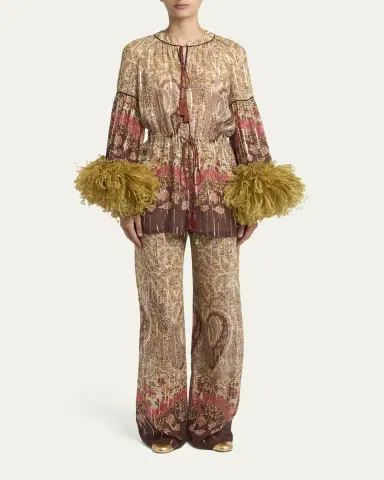 Valentino Garavani Flare-Sleeve Metallic Paisley Silk Top With Feather Trim | Thumbnail 2 Valentino Garavani Flare-Sleeve Metallic Paisley Silk Top With Feather Trim | Thumbnail 2