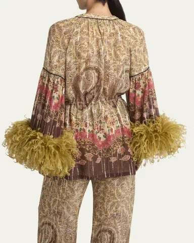 Valentino Garavani Flare-Sleeve Metallic Paisley Silk Top With Feather Trim | Thumbnail 3 Valentino Garavani Flare-Sleeve Metallic Paisley Silk Top With Feather Trim | Thumbnail 3