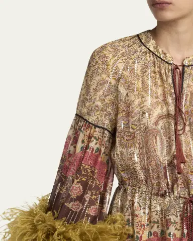 Valentino Garavani Flare-Sleeve Metallic Paisley Silk Top With Feather Trim | Thumbnail 5 Valentino Garavani Flare-Sleeve Metallic Paisley Silk Top With Feather Trim | Thumbnail 5