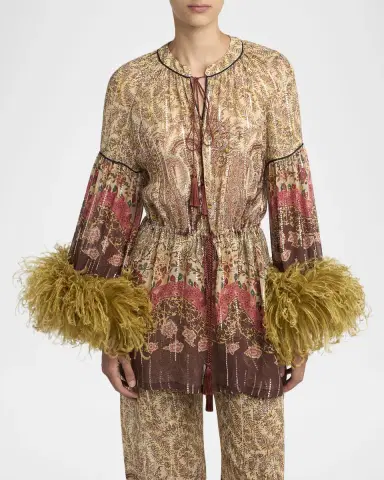 Valentino Garavani Flare-Sleeve Metallic Paisley Silk Top With Feather Trim | Thumbnail 8 Valentino Garavani Flare-Sleeve Metallic Paisley Silk Top With Feather Trim | Thumbnail 8
