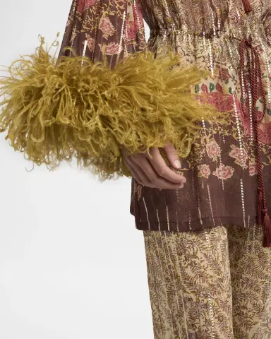 Valentino Garavani Flare-Sleeve Metallic Paisley Silk Top With Feather Trim | Thumbnail 9 Valentino Garavani Flare-Sleeve Metallic Paisley Silk Top With Feather Trim | Thumbnail 9