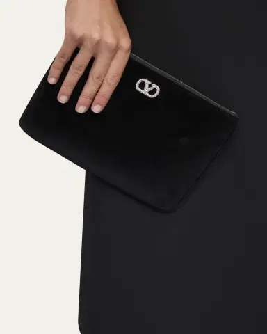Valentino Garavani Medium Crystal VLogo Velvety Flat Pouch Bag | Thumbnail 2