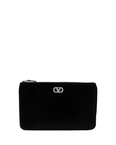 Valentino Garavani Medium Crystal VLogo Velvety Flat Pouch Bag | Thumbnail 1