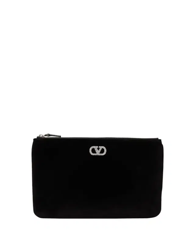 Valentino Garavani Medium Crystal VLogo Velvety Flat Pouch Bag