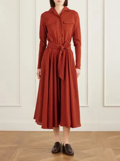 Loro Piana Verlaine Belted Pleated Wool Midi Shirt Dress | Thumbnail 2