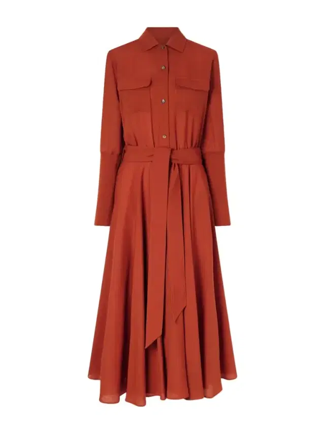 Loro Piana Verlaine Belted Pleated Wool Midi Shirt Dress
