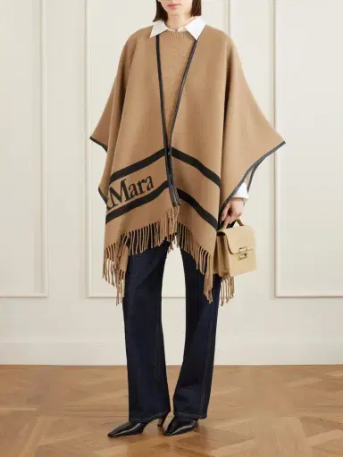 Max Mara Fringed Leather-trimmed Wool-jacquard Cape | Thumbnail 2 Max Mara Fringed Leather-trimmed Wool-jacquard Cape | Thumbnail 2