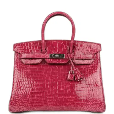 HERMÈS Pre-owned Hermes Birkin 35 Rose Tyrien Shiny Porosus Crocodile Palladium Hardware | Thumbnail 1 HERMÈS Pre-owned Hermes Birkin 35 Rose Tyrien Shiny Porosus Crocodile Palladium Hardware | Thumbnail 1