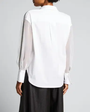 Brunello Cucinelli Mixed-Media Monili Balloon-Sleeve Top | Thumbnail 2 Brunello Cucinelli Mixed-Media Monili Balloon-Sleeve Top | Thumbnail 2