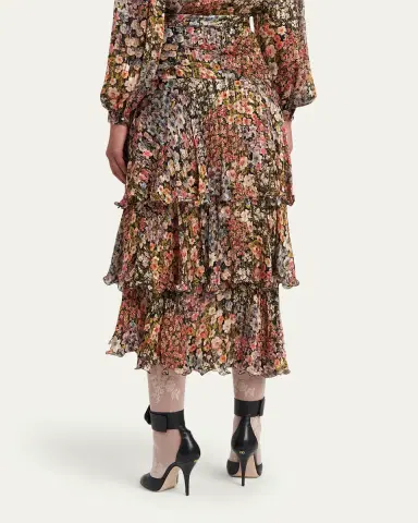 Valentino Garavani Tiered Floral Metallic Silk Midi Skirt | Thumbnail 3 Valentino Garavani Tiered Floral Metallic Silk Midi Skirt | Thumbnail 3