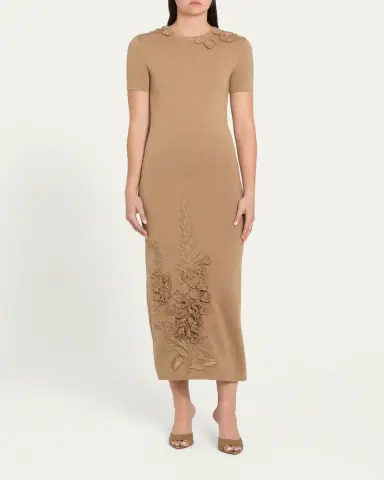 Oscar de la Renta Foxglove Embroidered Short-Sleeve Knit Maxi Dress | Thumbnail 2