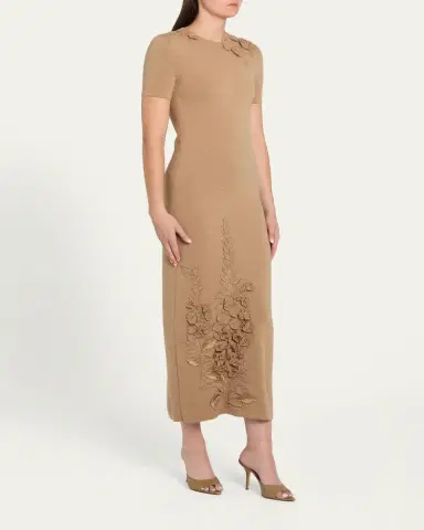 Oscar de la Renta Foxglove Embroidered Short-Sleeve Knit Maxi Dress | Thumbnail 4