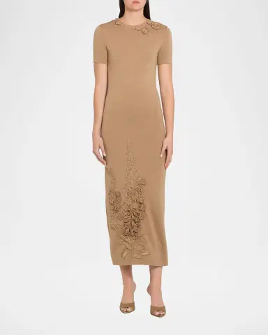 Oscar de la Renta Foxglove Embroidered Short-Sleeve Knit Maxi Dress | Thumbnail 6