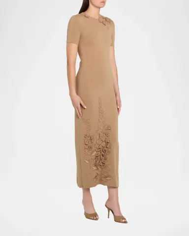 Oscar de la Renta Foxglove Embroidered Short-Sleeve Knit Maxi Dress | Thumbnail 8