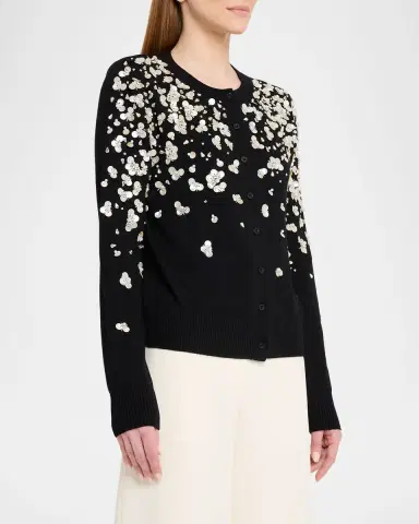 Oscar de la Renta Pearly Embroidered Wool Crewneck Cardigan | Thumbnail 3 Oscar de la Renta Pearly Embroidered Wool Crewneck Cardigan | Thumbnail 3