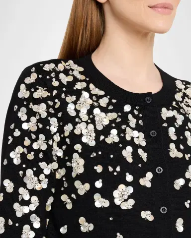 Oscar de la Renta Pearly Embroidered Wool Crewneck Cardigan | Thumbnail 4 Oscar de la Renta Pearly Embroidered Wool Crewneck Cardigan | Thumbnail 4