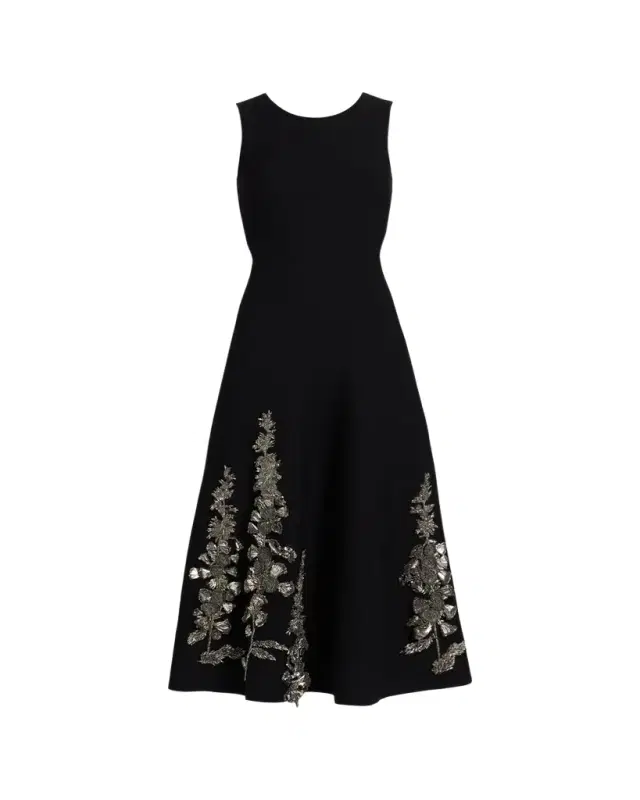 Oscar de la Renta Embroidered Foxglove Sleeveless Midi Dress